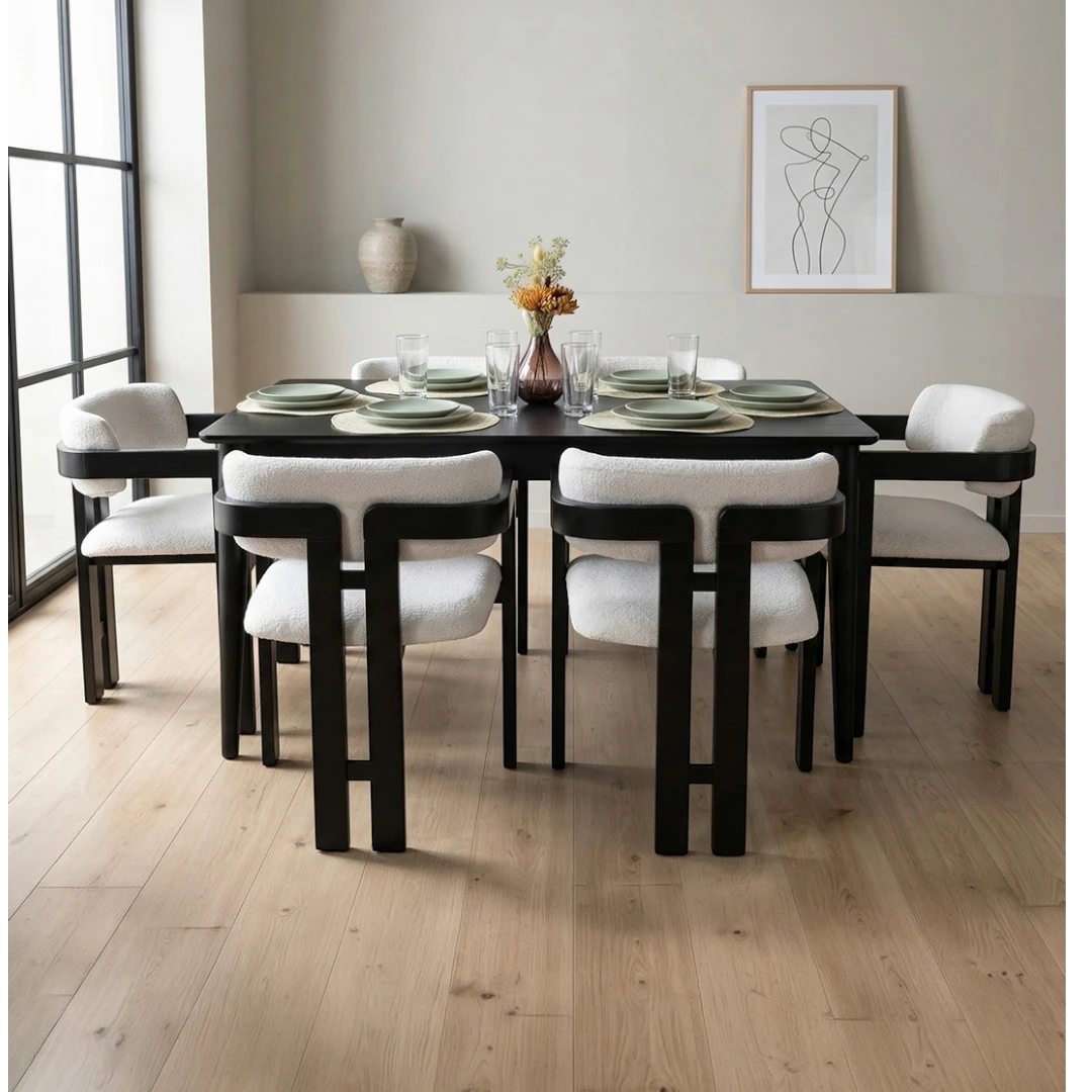 Panel Masa & T Sandalye Takımı | 6 Kişilik Modern Siyah Yemek Seti